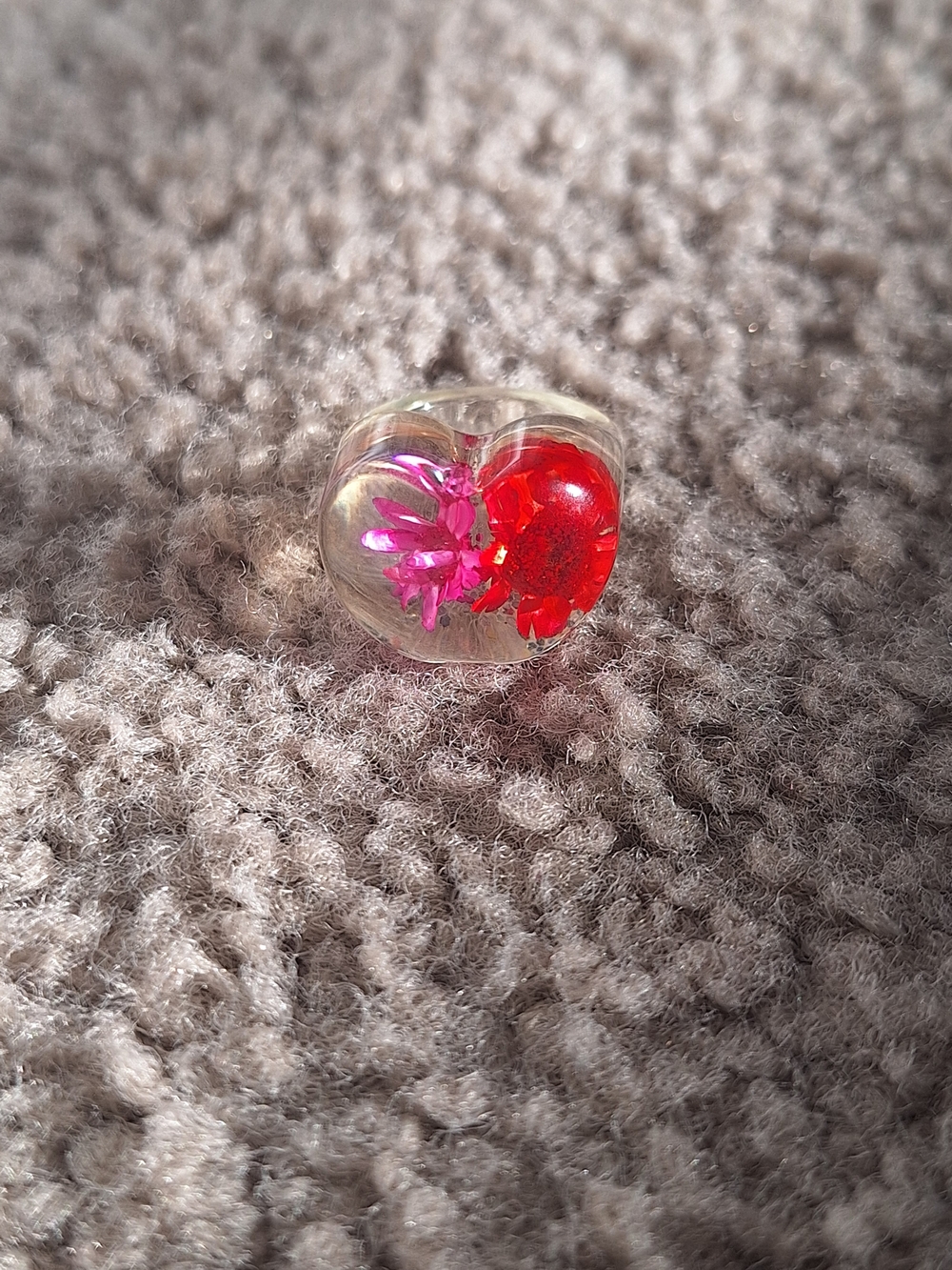 Heart Resin Ring with Red and Pink Floral Inlay